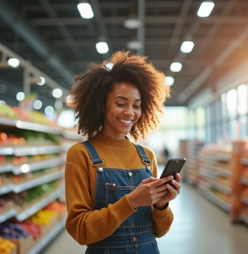 Jeune femme souriante comparant prix produits en supermarche