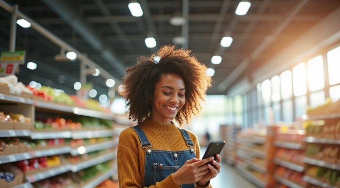 Jeune femme souriante comparant prix produits en supermarche