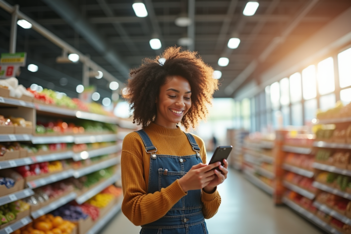 femme-comparant-prix-supermarche Jeune femme souriante comparant prix produits en supermarche