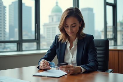 Femme en blazer bleu compare deux cartes de crédit