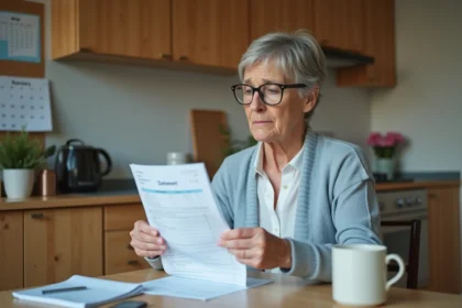 Femme d'âge moyen examine un relevé bancaire dans sa cuisine