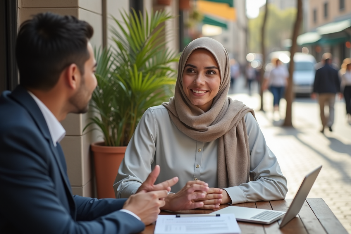 Jeune femme marocaine discute assurance vie avec conseiller au café