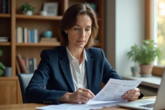 Femme de 45 ans consultant des documents bancaires sur un compte à terme Crédit Agricole dans un bureau à domicile