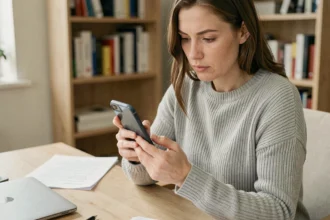 Femme consultant l'avis de son dossier de crédit Cofidis sur son smartphone depuis son bureau à domicile