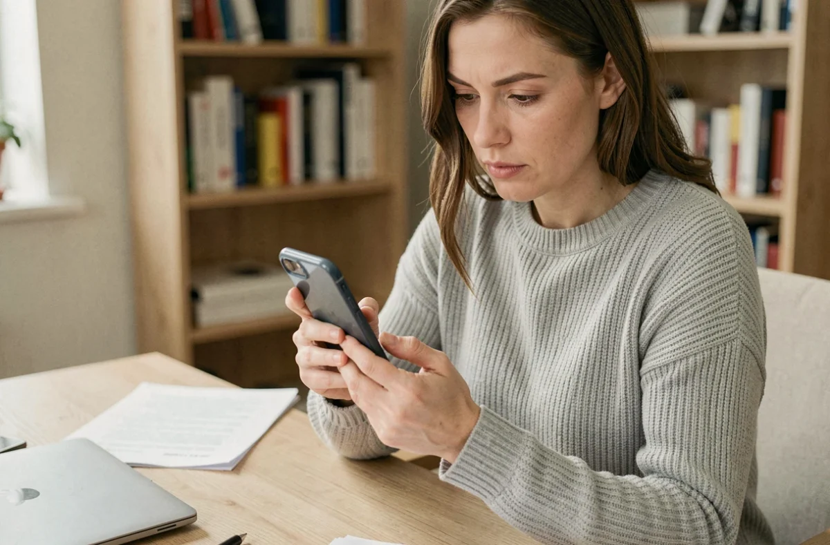 Femme consultant l'avis de son dossier de crédit Cofidis sur son smartphone depuis son bureau à domicile