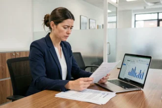 Femme consultant un conseiller bancaire pour un crédit immobilier en lien avec les prévisions d'inflation INSEE 2026
