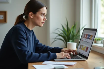 Femme consultant la liste des magasins partenaires UpCadhoc en ligne sur son ordinateur portable