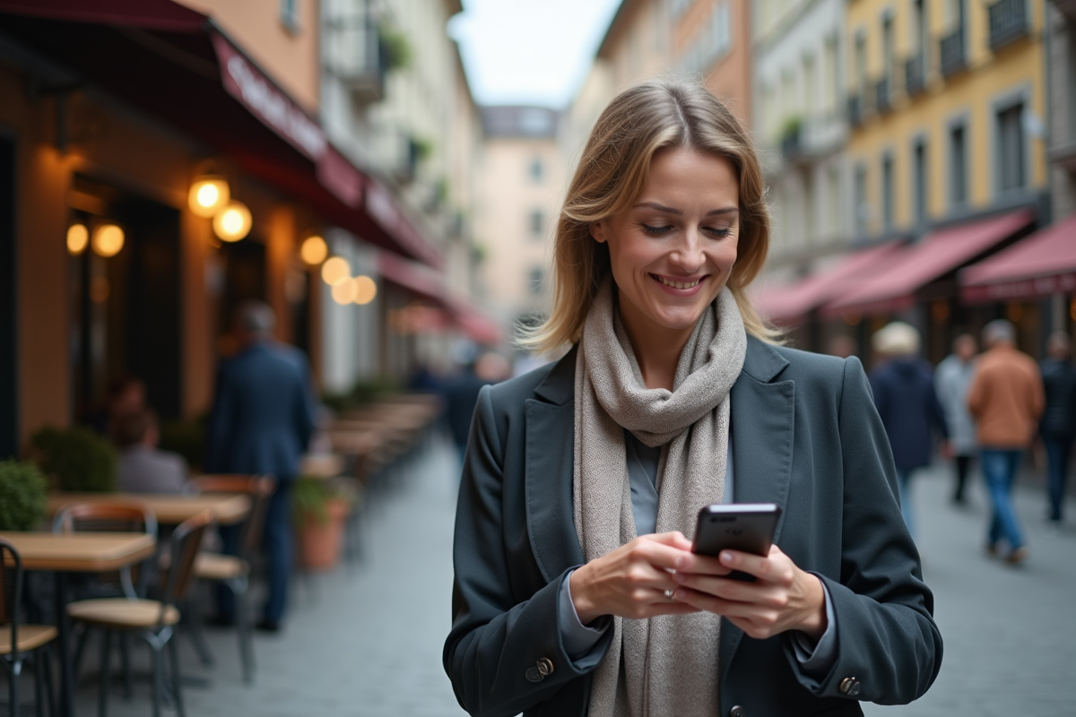 Femme souriante vérifiant crypto sur smartphone en extérieur