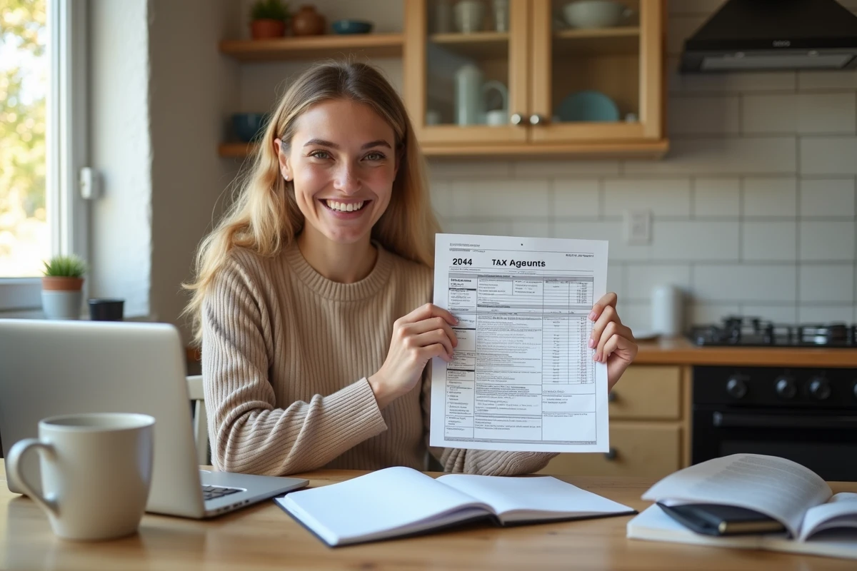 Femme souriante tenant un formulaire 2044 dans la cuisine