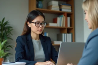Femme professionnelle utilisant Cyberplus Banque Populaire sur ordinateur portable pour sécuriser ses virements en ligne