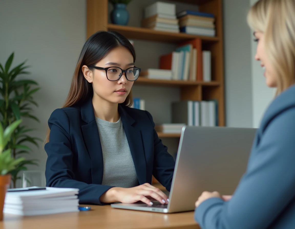 Femme professionnelle utilisant Cyberplus Banque Populaire sur ordinateur portable pour sécuriser ses virements en ligne