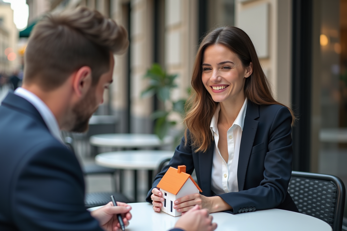 Femme souriante avec modèle de maison lors d