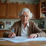 Pension de réversion : comment fonctionne-t-elle, durée et bénéficiaires Femme âgée en intérieur relisant des papiers dans la cuisine
