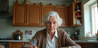 Femme âgée en intérieur relisant des papiers dans la cuisine