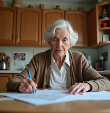 Femme âgée en intérieur relisant des papiers dans la cuisine