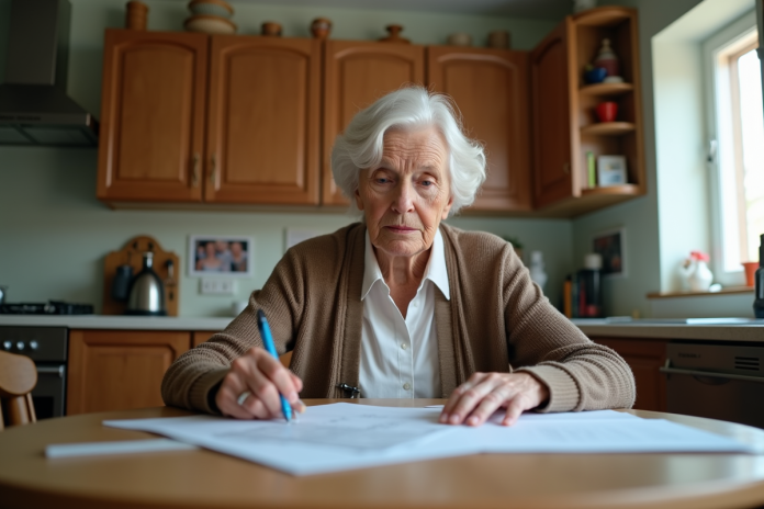 femme-elderly-revision-papier Femme âgée en intérieur relisant des papiers dans la cuisine