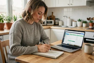 Femme prenant des notes sur son épargne de précaution dans une cuisine moderne avec un cahier et un ordinateur portable