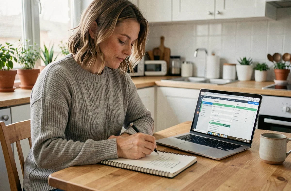 Femme prenant des notes sur son épargne de précaution dans une cuisine moderne avec un cahier et un ordinateur portable