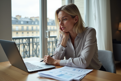 Femme concentrée examinant des documents financiers avec vue sur Paris