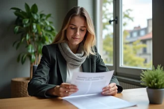 Femme en blazer examine documents de pret vert