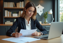 Femme d'affaires examinant documents immobiliers en France