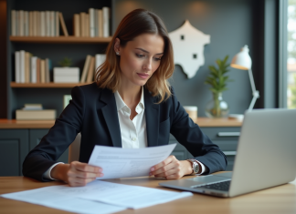 Acheter en Espagne : obtenir un prêt en France pour investir à l’étranger Femme d'affaires examinant documents immobiliers en France