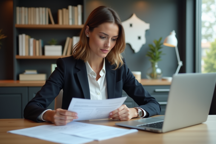 femme-immobilier-france-espagne Femme d'affaires examinant documents immobiliers en France
