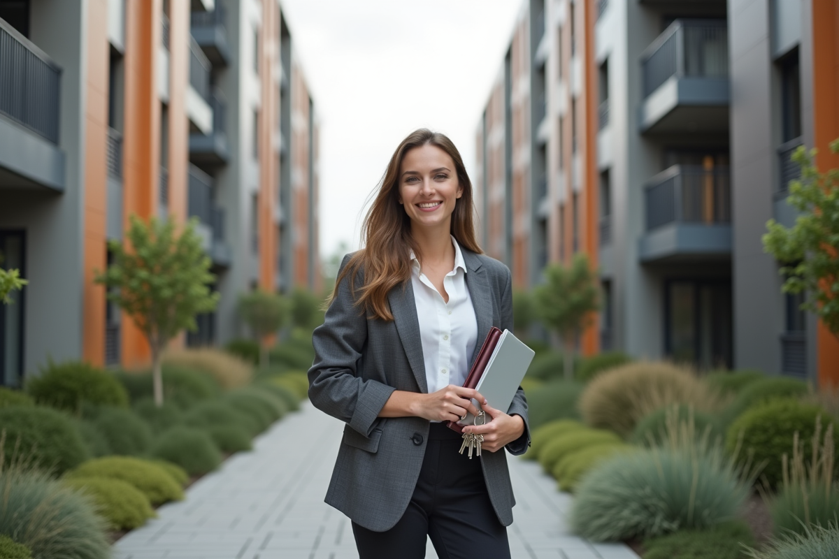 Femme confiante avec clés devant bâtiment récent