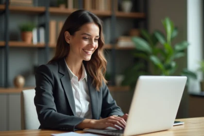 Femme souriante naviguant sur un site d'assurance sur un ordinateur portable