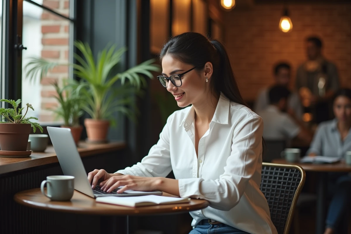 Femme consultant un site de finance sur ordinateur portable dans un café pour prendre de meilleures décisions d'investissement
