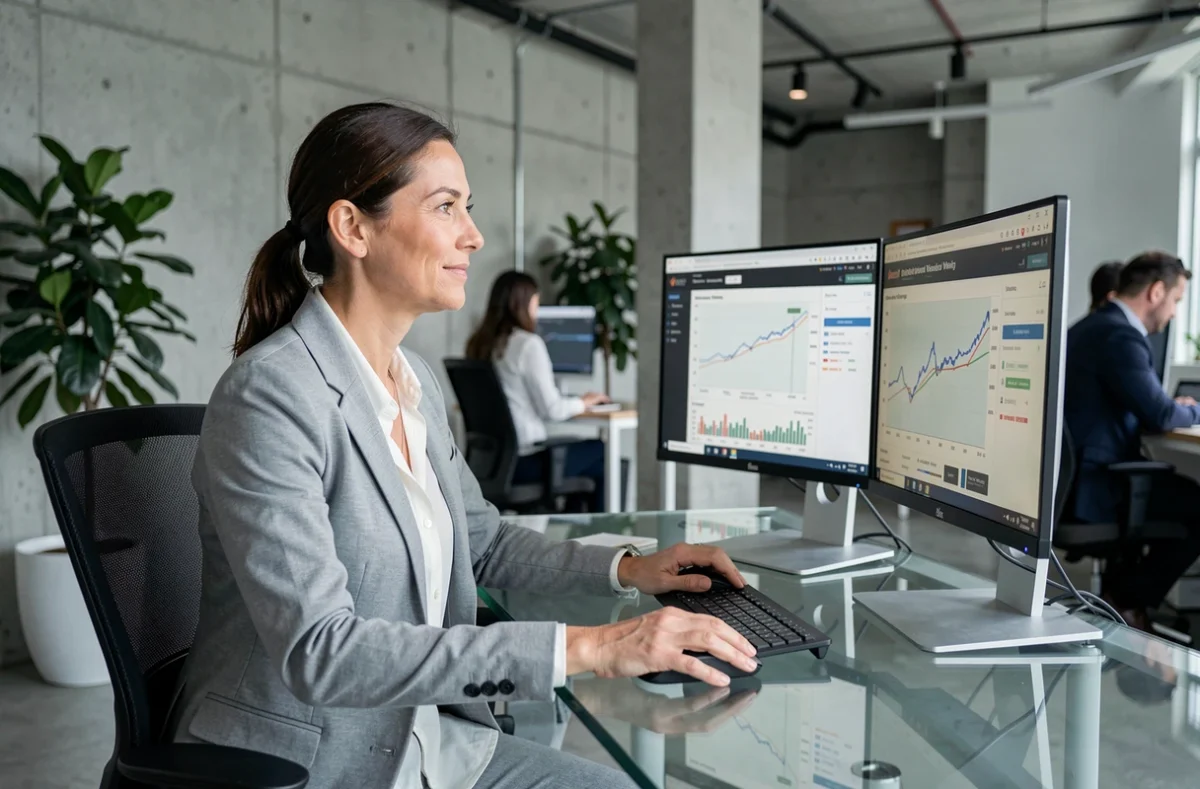 Femme investisseur consultant des tableaux de bord de dividendes sur ordinateur dans un bureau moderne