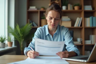 Femme lisant les conditions générales d'un virement instantané à la Banque Postale à son bureau à domicile
