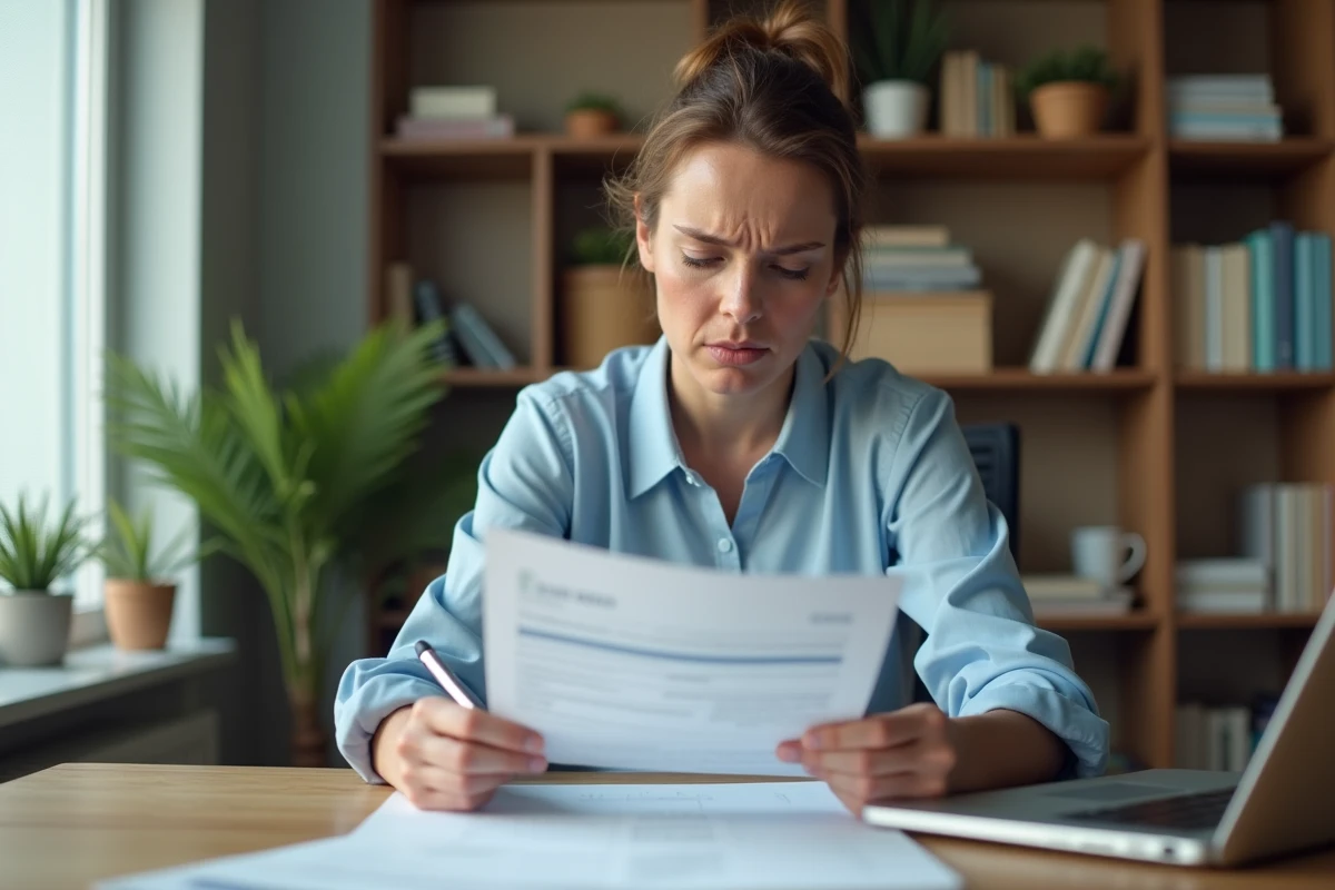 Femme lisant les conditions générales d'un virement instantané à la Banque Postale à son bureau à domicile