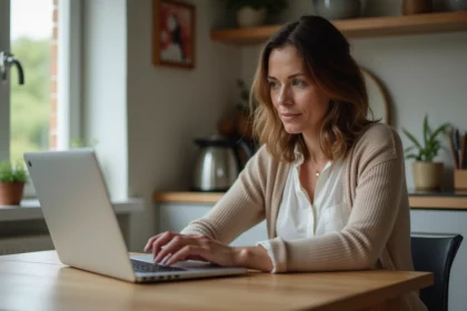 Femme pensant en lisant des avis en ligne à la maison