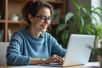 Femme souriante travaillant sur son ordinateur à la maison
