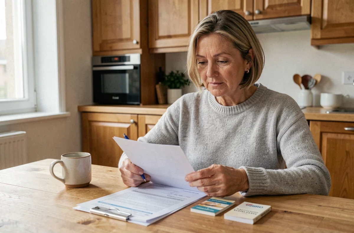 Femme consultant son livret A et ses relevés bancaires à la table de cuisine