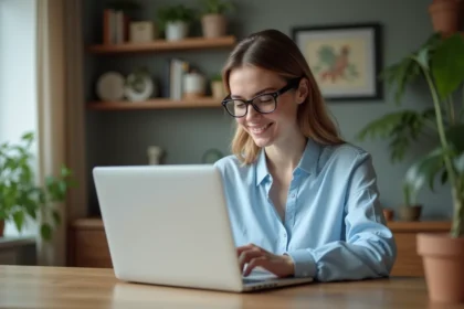 Femme souriante utilise un ordinateur pour naviguer en sécurité