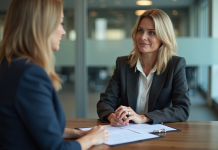 Femme d affaires négociant des frais bancaires dans une banque