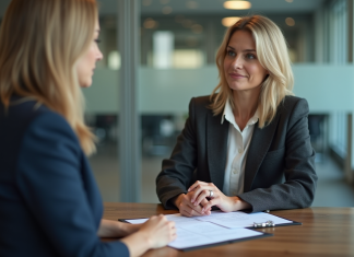 Femme d affaires négociant des frais bancaires dans une banque