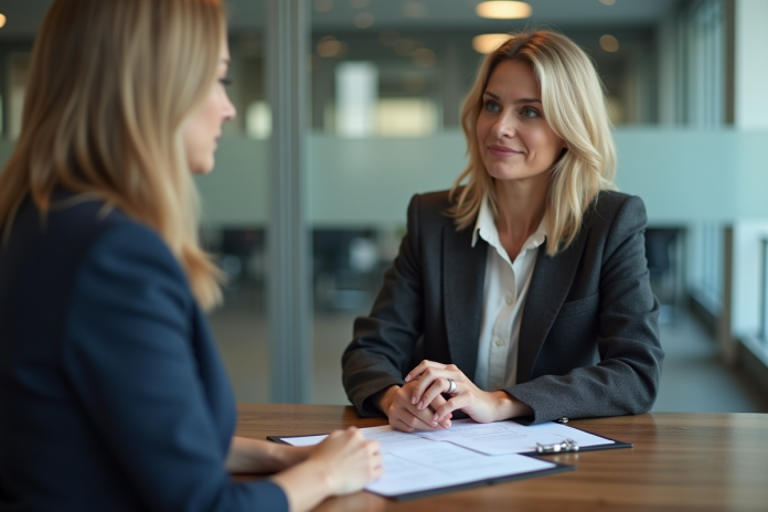 Femme d affaires négociant des frais bancaires dans une banque