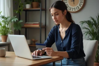Jeune femme utilisant un ordinateur avec une carte de crédit