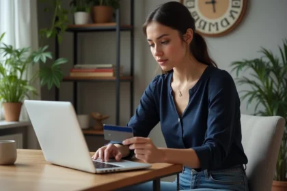 Jeune femme utilisant un ordinateur avec une carte de crédit