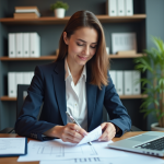 Femme d'affaires organise ses justificatifs dans un bureau moderne