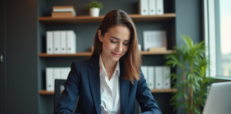 Femme d'affaires organise ses justificatifs dans un bureau moderne