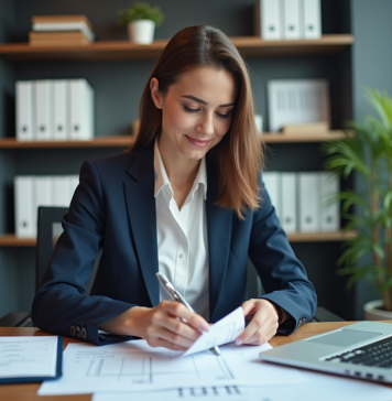 Déclarer les frais de vêtement : où et comment le faire ? Femme d'affaires organise ses justificatifs dans un bureau moderne