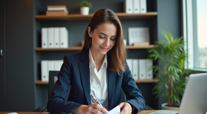 Femme d'affaires organise ses justificatifs dans un bureau moderne