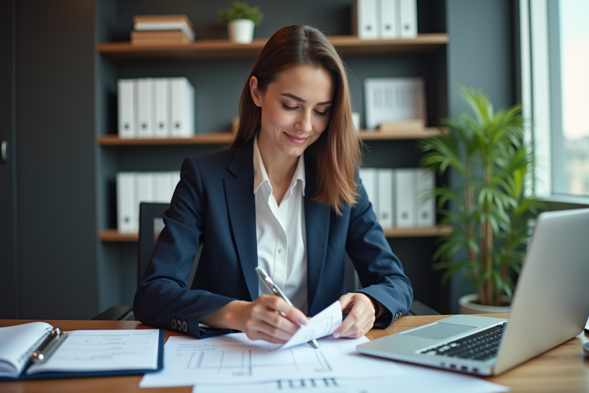 Femme d'affaires organise ses justificatifs dans un bureau moderne