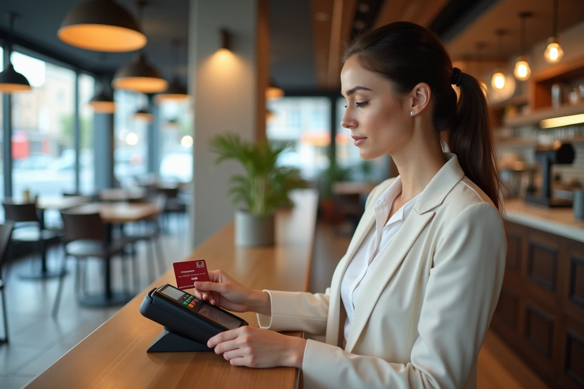 Femme professionnelle effectue un paiement avec sa carte Ticket Kadéos dans un café