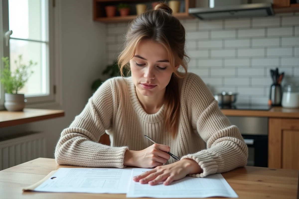 Femme préparant son dossier CAF APL à la table de sa cuisine avec des documents administratifs