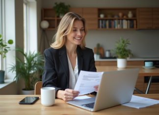 200.000 euros sur 25 ans en 2025 : quel montant de mensualité ? Femme souriante examinant des documents de prêt à la maison